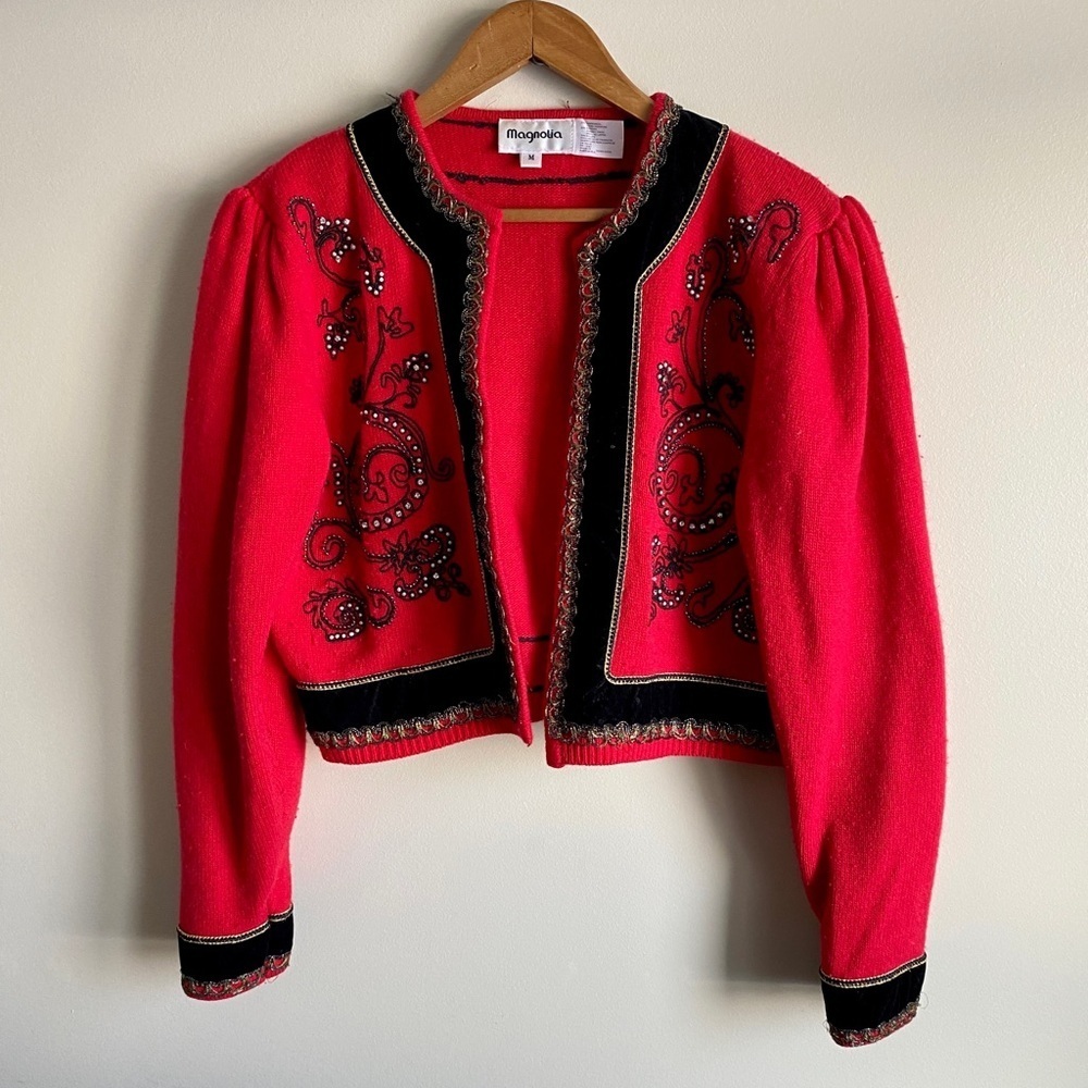 Vintage Magnolia Embroidered Beaded Wool Angora Cropped Sweater